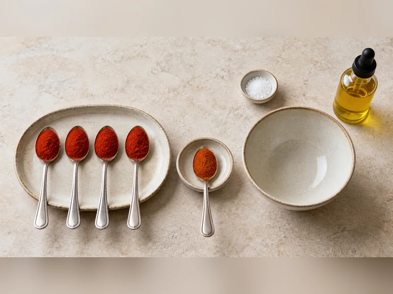 Four spoonfuls of sweet paprika beside one spoonful of cayenne for a pantry blend