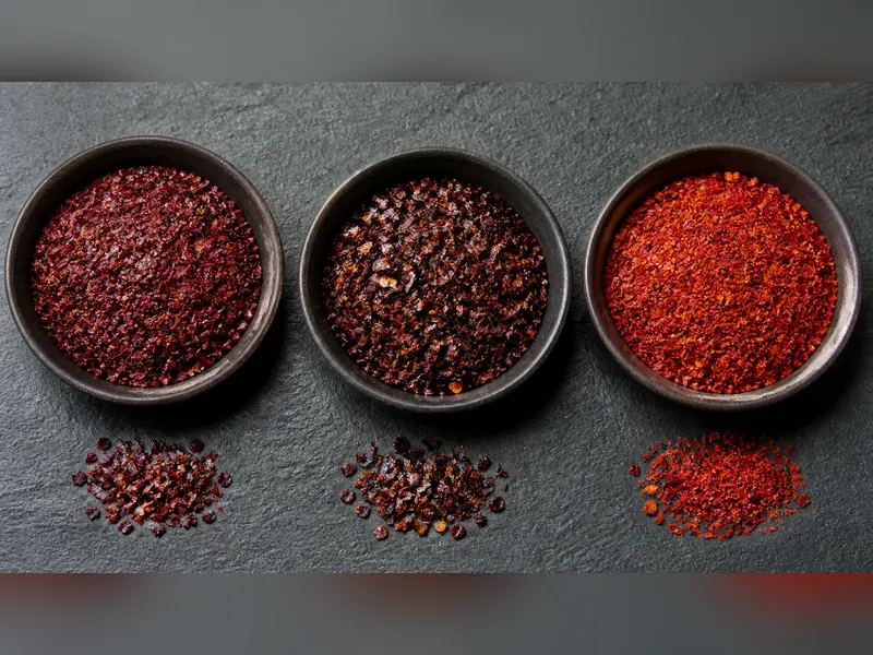 Aleppo-style, Maras, and gochugaru flakes compared by color, size, and sheen