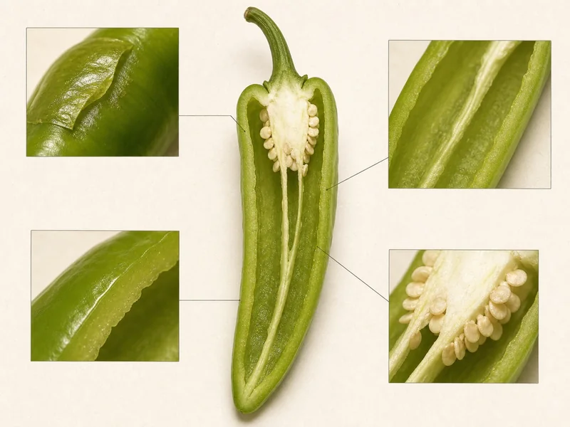 Cutaway Anaheim pepper with close views of its skin, long cavity, fleshy wall, and pale inner ribs