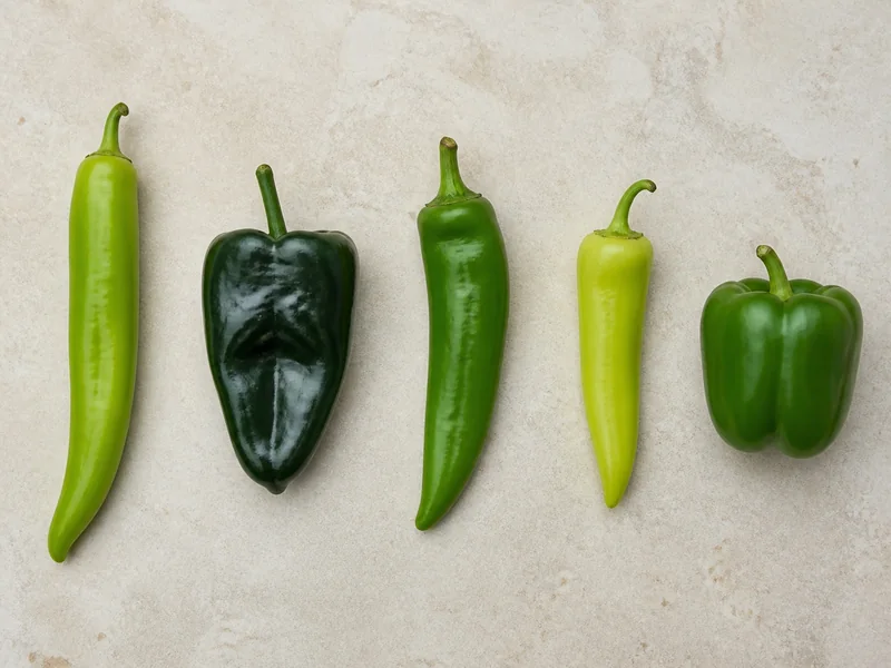 Anaheim, poblano, mild New Mexican chile, Cubanelle, and green bell pepper aligned at equal scale