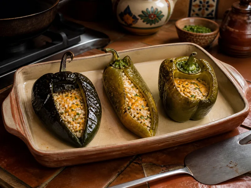 Roasted poblano and long New Mexican chile opened and filled beside a narrower Anaheim pepper
