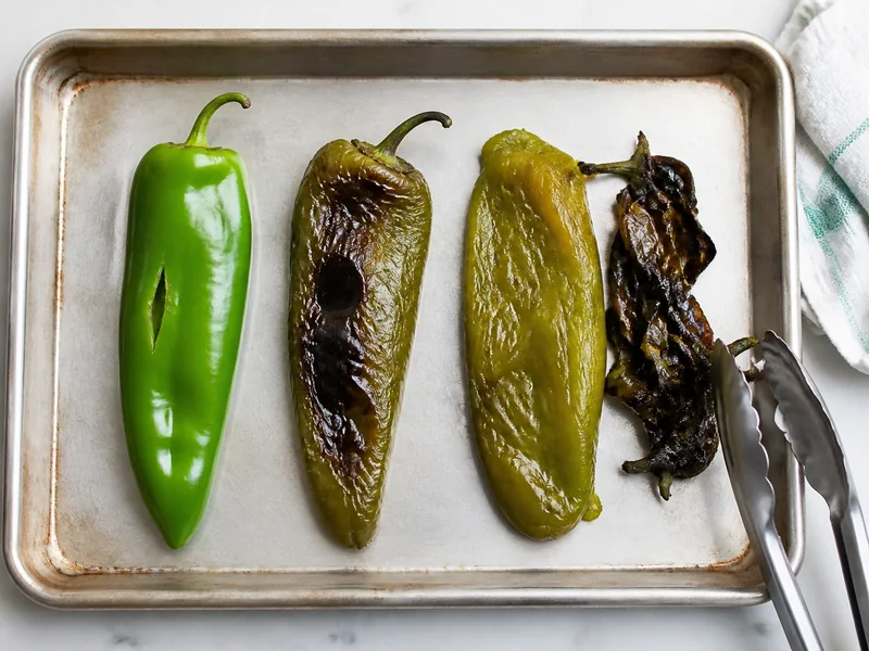 Fresh green peppers beside blistered dark skins and peeled roasted chile flesh on a sheet pan