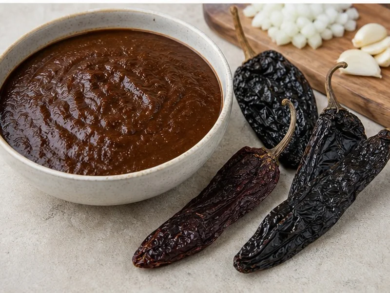 Dark ancho sauce beside sauces made with related dried chiles