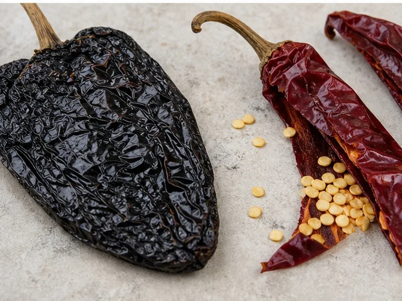 Split ancho and related dried chiles showing color and skin