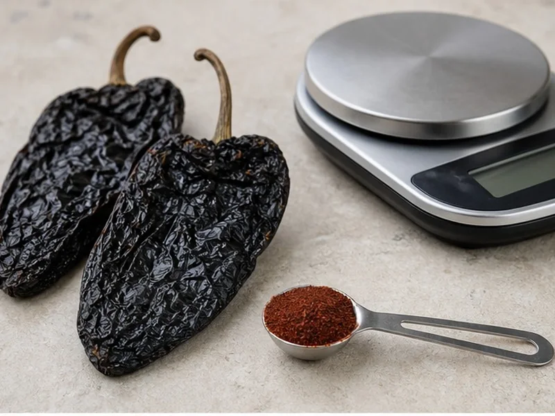 Whole ancho chiles and ancho powder measured for a recipe