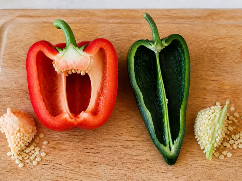 Halved red bell pepper and green poblano showing their cavities and wall thickness