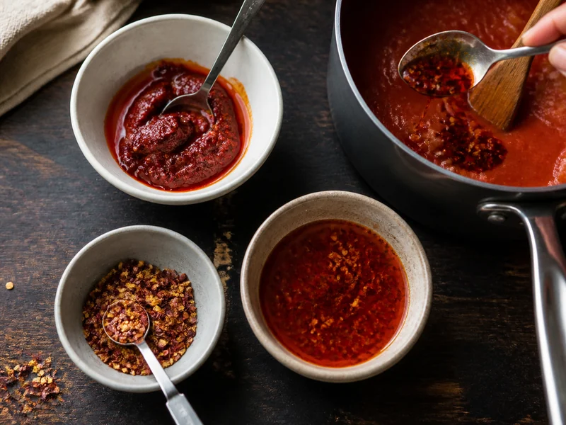 Red pepper paste, chile flakes, and chile oil being added to tomato sauce