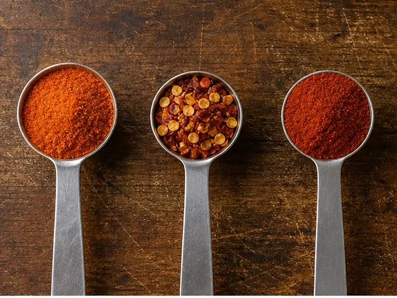 Measuring spoons with cayenne and milder ground pepper swaps