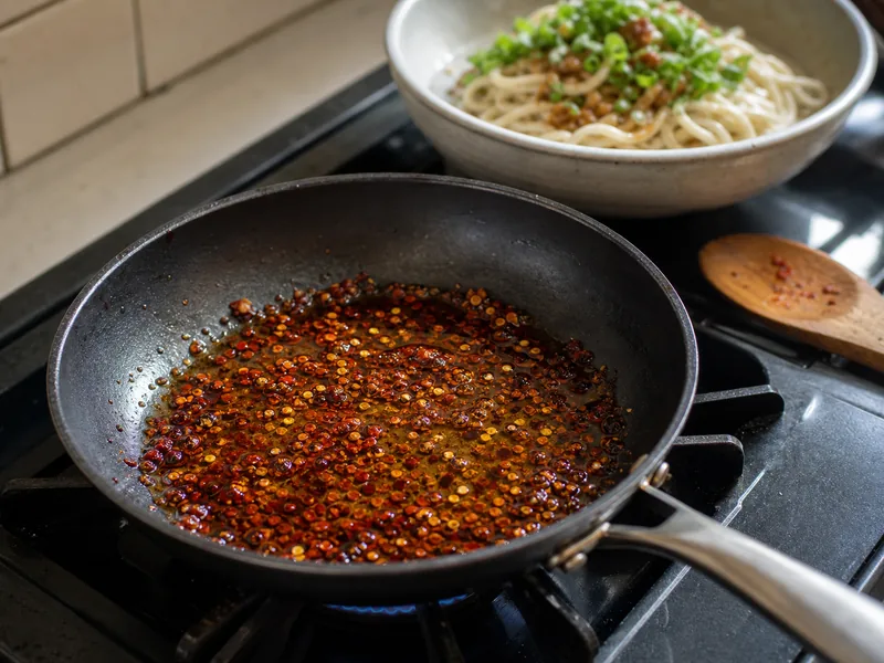Chile flakes blooming in oil beside a finished bowl