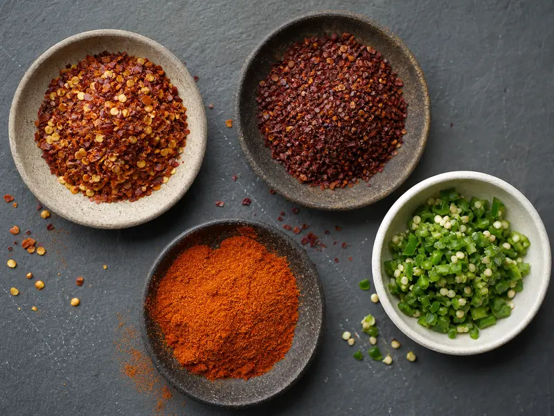 Coarse chile flakes, cayenne powder, and fresh serrano compared by texture