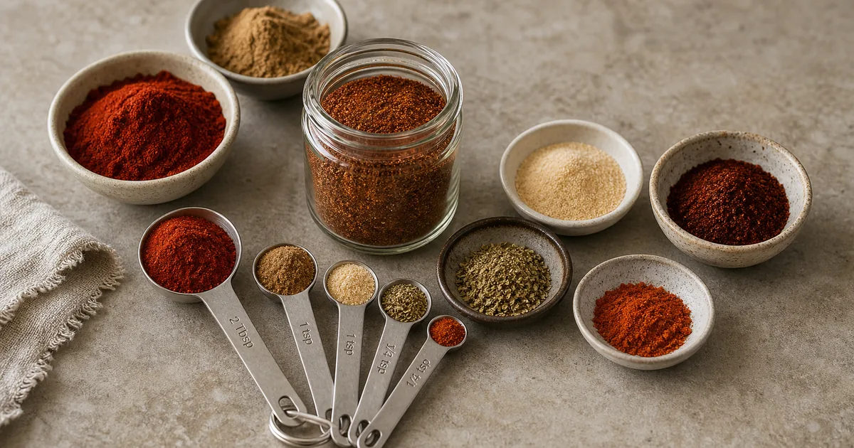 Measured spices for a chili powder substitute on a kitchen counter