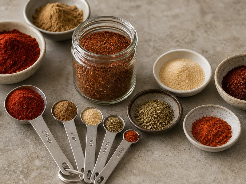 Measured spices for a chili powder substitute on a kitchen counter