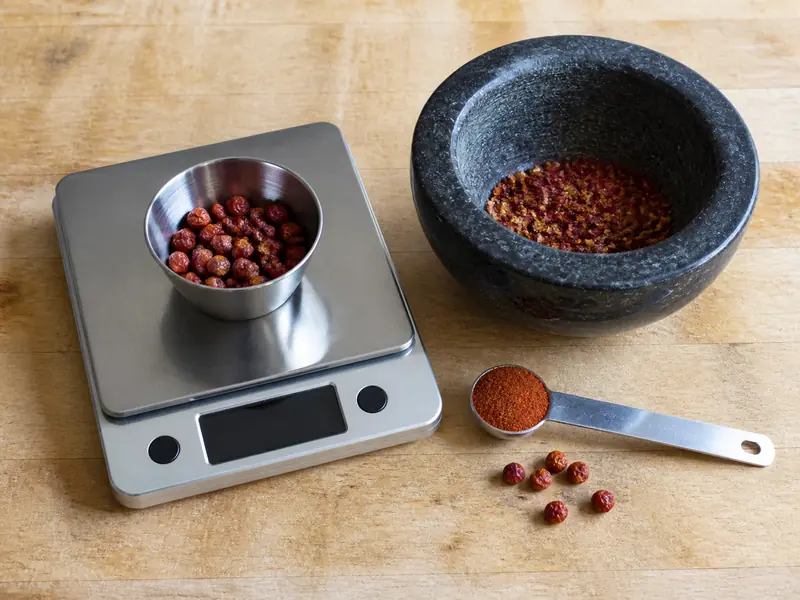 Small dried chiles and ground pepper measured on a compact kitchen scale with teaspoons