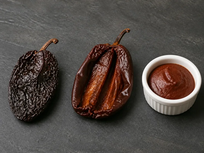 Dry morita, rehydrated morita flesh, and smooth chipotle paste side by side