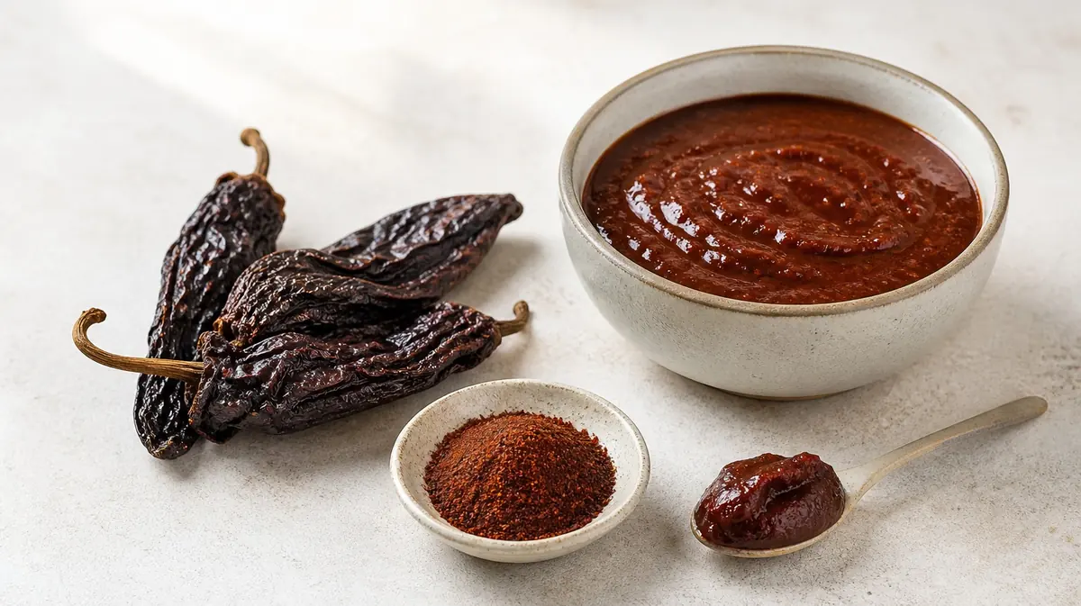 Dried chipotle peppers beside a bowl of smoky red adobo-style sauce and chipotle powder