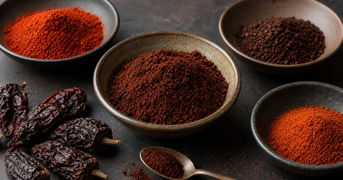 Bowls of chipotle powder, smoked paprika, ancho powder, and cayenne on a dark kitchen surface