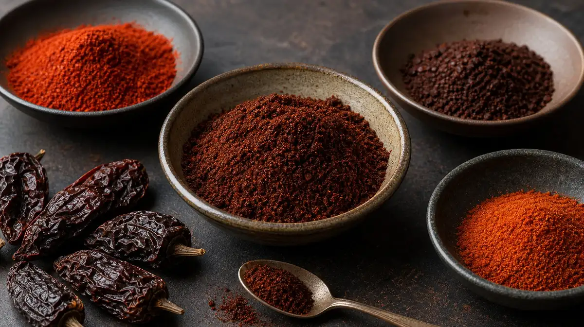 Bowls of chipotle powder, smoked paprika, ancho powder, and cayenne on a dark kitchen surface