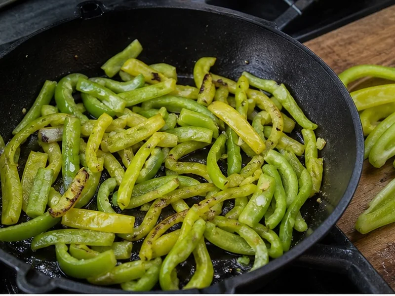 Cubanelle and mild peppers frying in a skillet