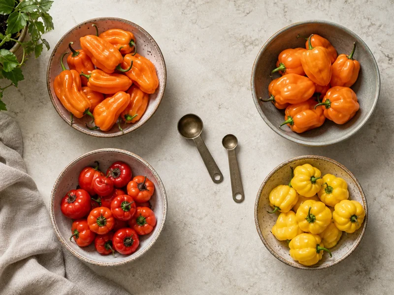 Mild Habanada and cachucha peppers beside hot habanero and Scotch bonnet options