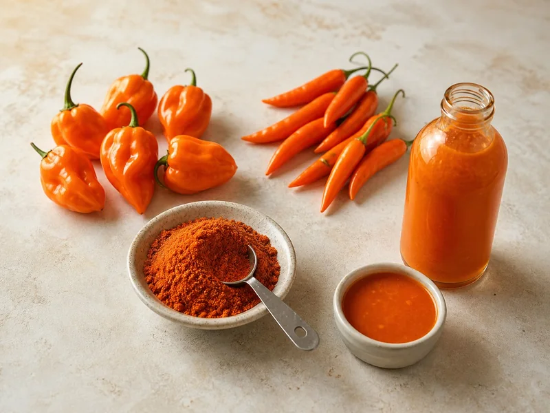 Fresh orange peppers, pepper powder, and bottled sauce shown as separate substitute forms