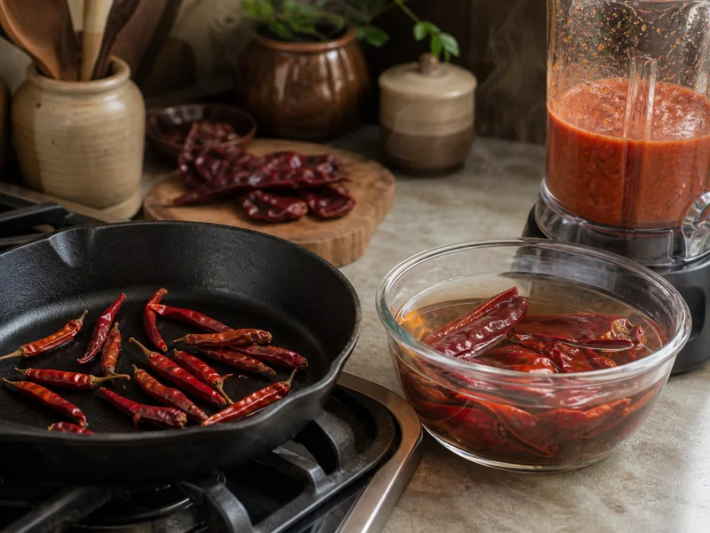 Dried red chiles toasted in a skillet and softened in hot water