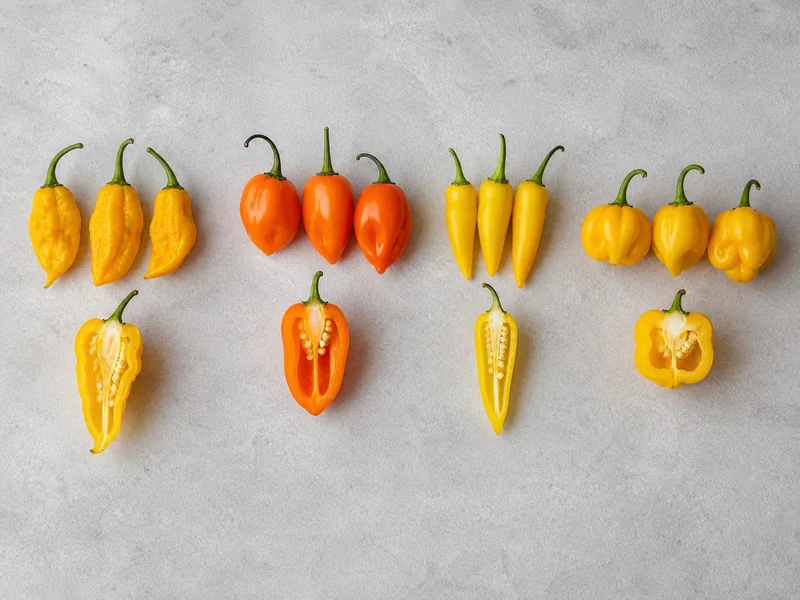 Fatalii, habanero, Lemon Drop, and Scotch bonnet peppers compared at equal scale