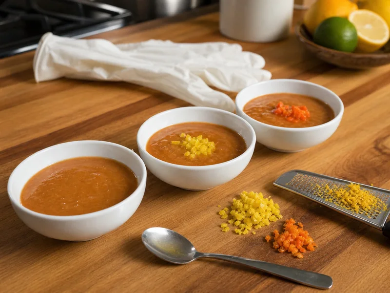 A base sauce divided into three bowls for controlled pepper substitution tests