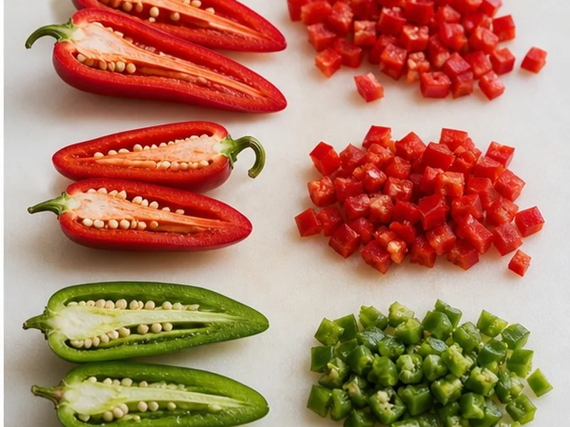 Fresno and similar peppers cut open to show wall thickness