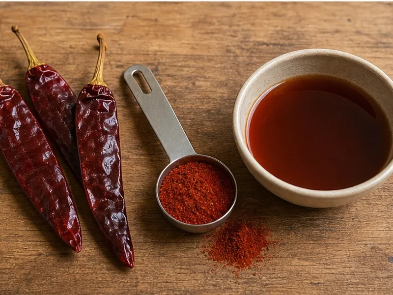 Whole dried chiles and powders measured for substitution
