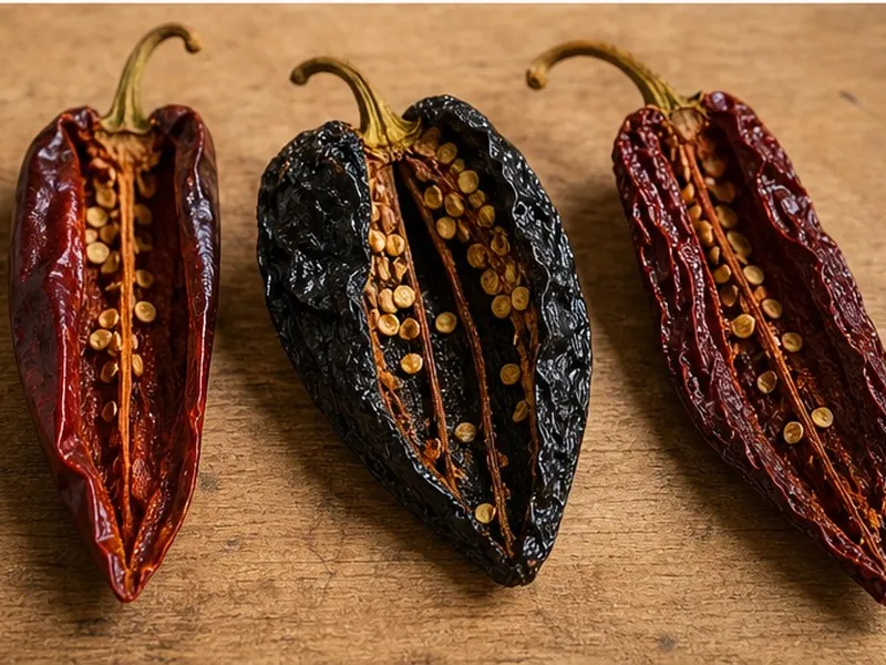 Split guajillo and related chiles showing color and skin