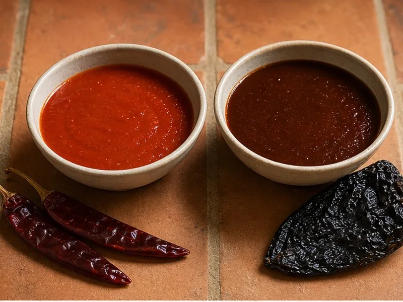 Bright guajillo-style sauce beside darker dried chile sauces
