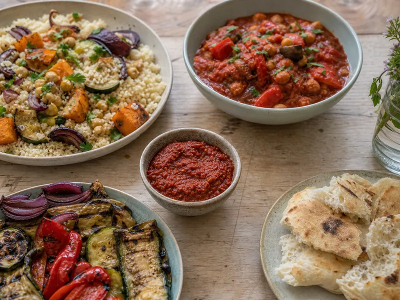 Harissa substitutes with couscous, vegetables, stew, and bread