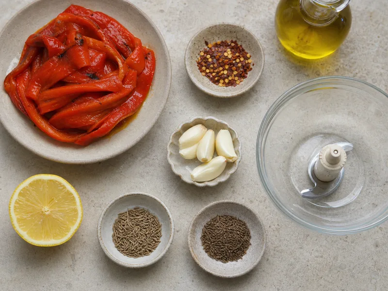 Chili paste, roasted pepper, cumin, caraway, garlic, and lemon