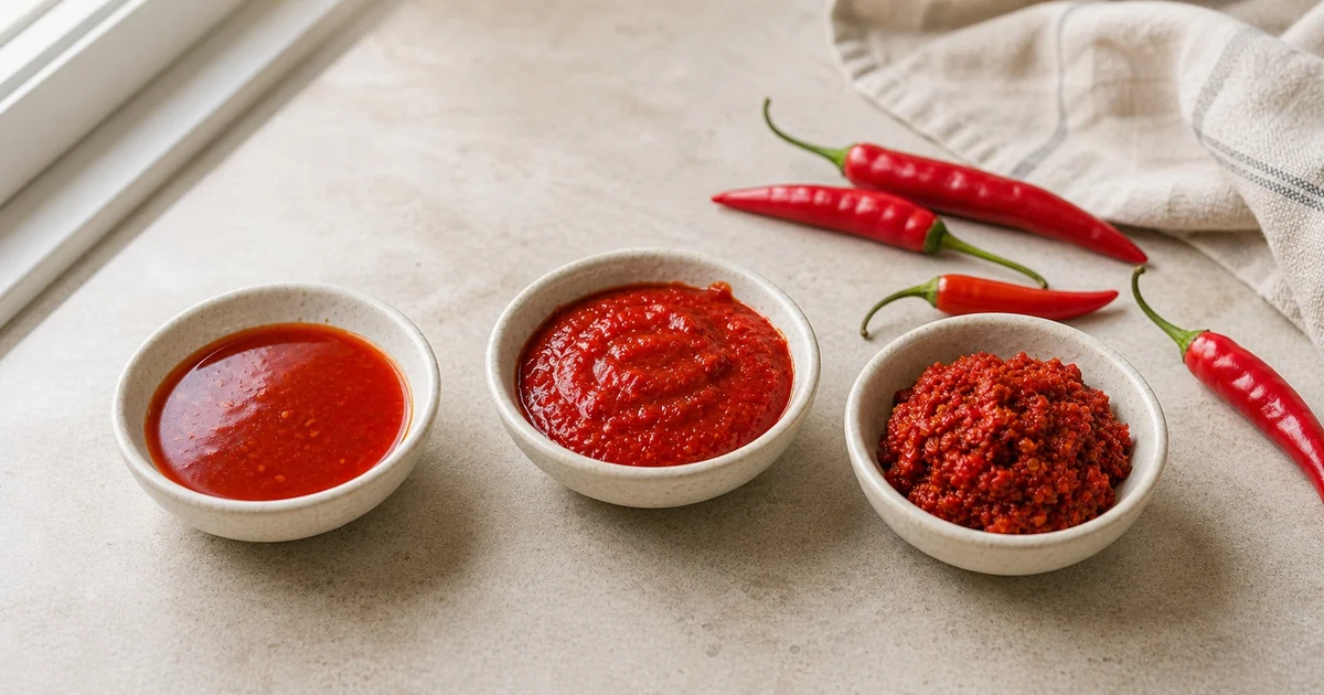 Three unbranded hot sauce substitute styles in small bowls with red chiles on a kitchen counter