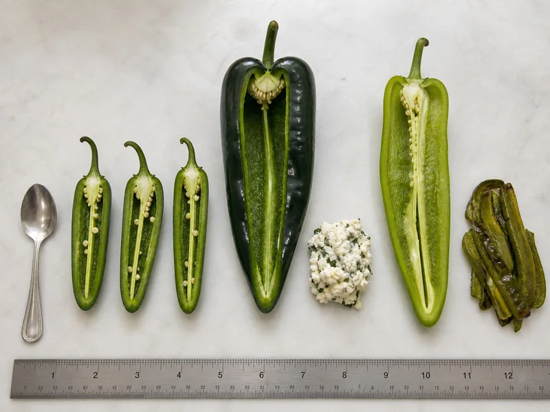 Three opened jalapeno halves beside one broad poblano and one long Anaheim with cheese filling and a kitchen ruler