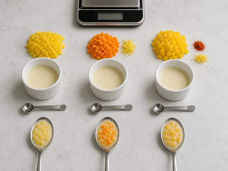 Three white ramekins with measured spoons and prepared yellow orange and cayenne pepper additions on a white bench