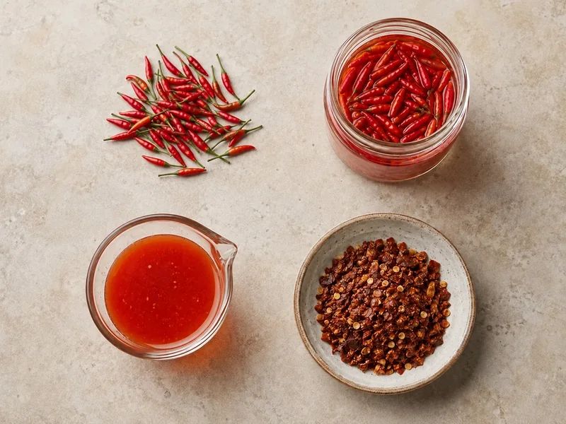 Fresh red peppers, whole peppers in clear liquid, thin pepper sauce, and dried chile flakes shown side by side