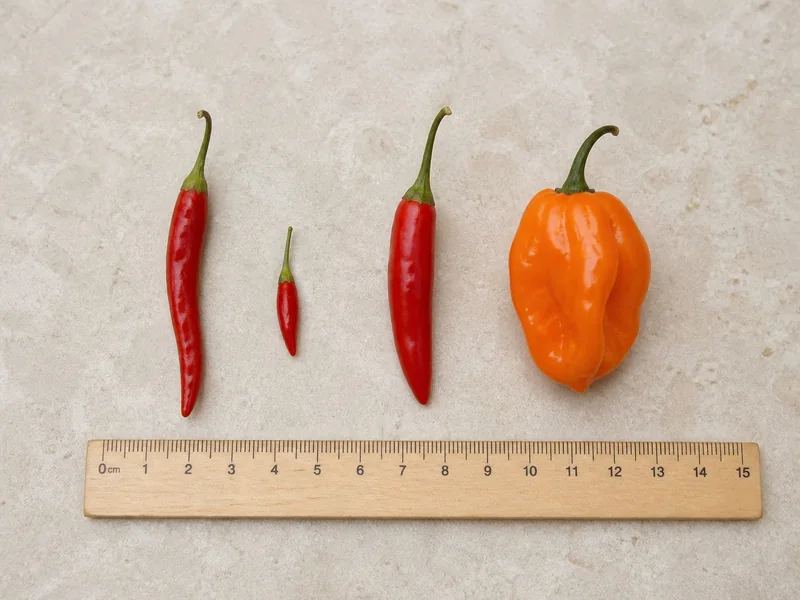 Bird's eye, fresh Tabasco, Malagueta-style, and habanero peppers arranged beside a ruler for scale
