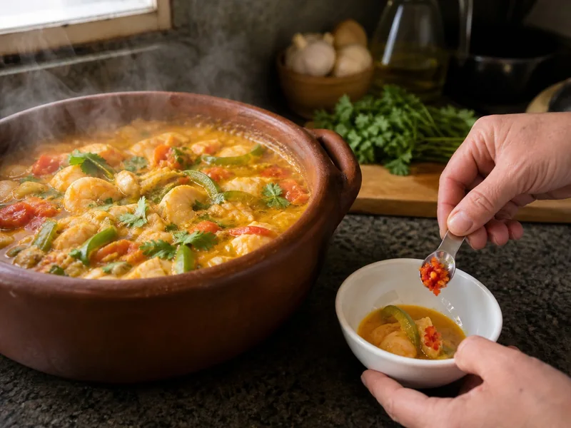A small portion of Brazilian seafood stew used to test minced red chile before seasoning the full pot