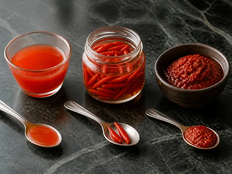 Thin pepper sauce, whole peppers in vinegar, and thick seasoned sauce shown in separate bowls and spoons