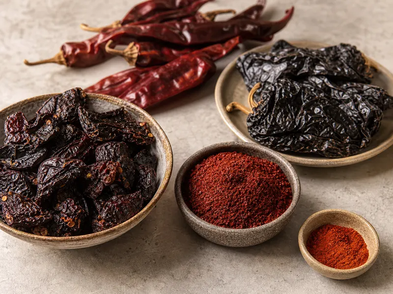 Morita, ancho, guajillo, and smoked paprika arranged to compare smoke and fruit