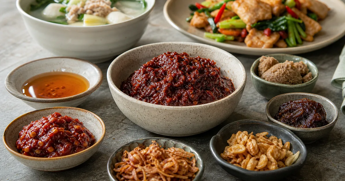 Nam prik pao substitutes with roasted chile, shallot, garlic, tamarind, and oil