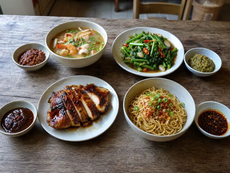Nam prik pao alternatives arranged for soup, stir-fry, glaze, and noodles