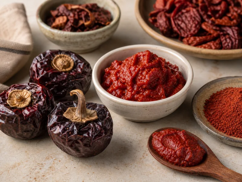 Whole ?ora peppers shown with pulp, powder, and paste