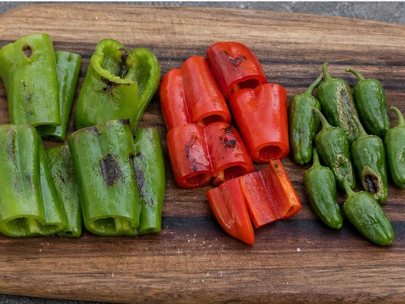 Larger mild peppers cut to Padron-size pieces