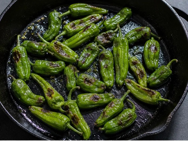 Padron and shishito peppers blistering in a skillet