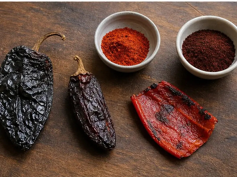 Smoked paprika beside chipotle and mild ground chile forms