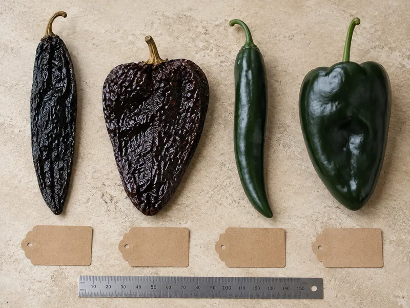 Dried pasilla and ancho beside fresh chilaca and poblano peppers