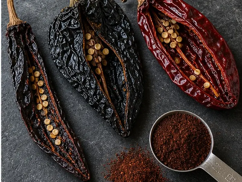 Whole pasilla chiles and powder measured for a recipe