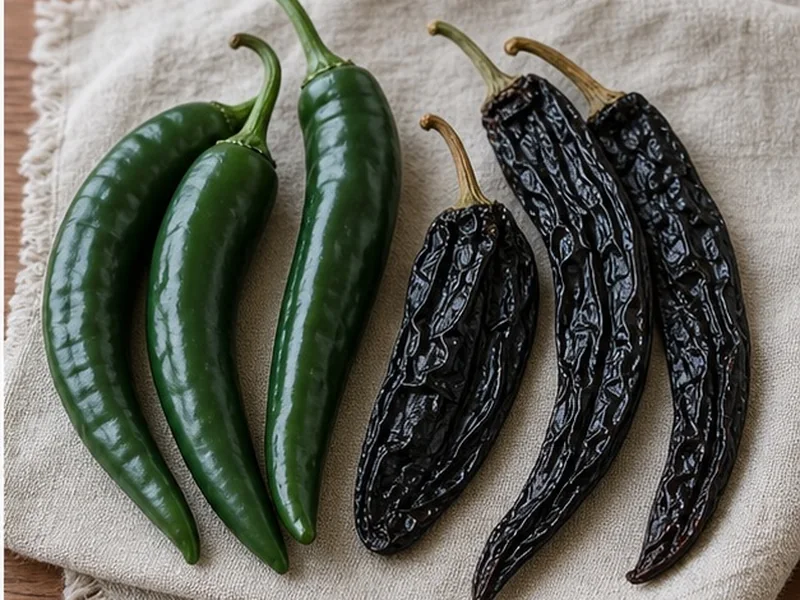 Fresh chilaca peppers beside dried pasilla chiles
